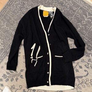 Le Lion Cashmere Black Cardigan with White Trim and Rhinestone Button